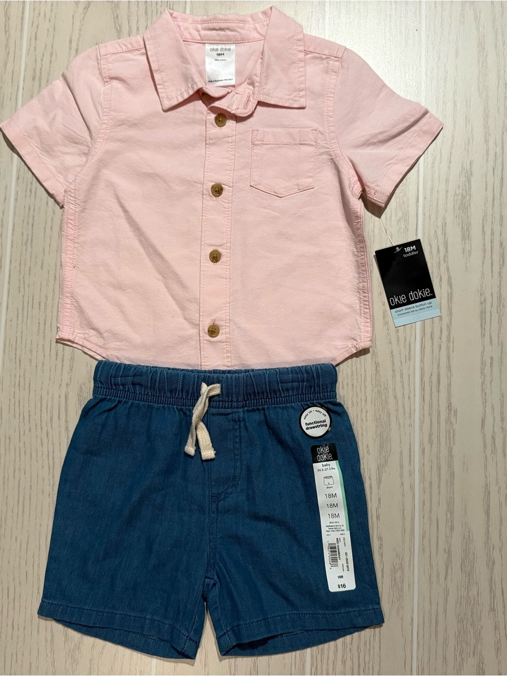 Okie Dokie Baby Boy‎ 18M Pink Button Shirt Blue Shorts Set NWT
